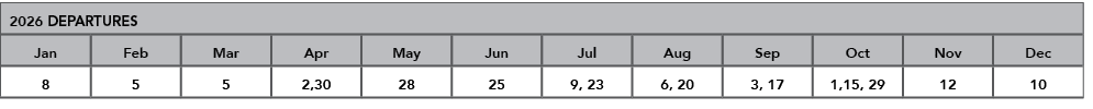 2026 DEPARTURES,Jan,Feb,Mar,Apr,May,Jun,Jul,Aug,Sep,Oct,Nov,Dec,8,5,5,2,30,28,25,9, 23,6, 20,3, 17,1,15, 29,12,10