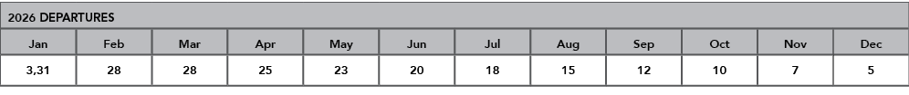2026 DEPARTURES,Jan,Feb,Mar,Apr,May,Jun,Jul,Aug,Sep,Oct,Nov,Dec,3,31,28,28,25,23,20,18,15,12,10,7,5