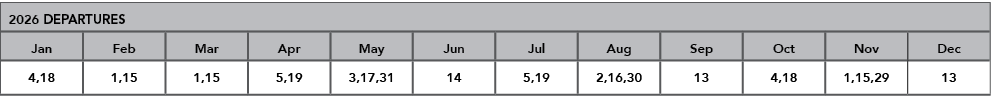 2026 DEPARTURES,Jan,Feb,Mar,Apr,May,Jun,Jul,Aug,Sep,Oct,Nov,Dec,4,18,1,15,1,15,5,19,3,17,31,14,5,19,2,16,30,13,4,18,1...
