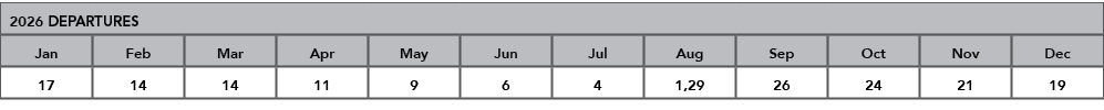 2026 DEPARTURES,Jan,Feb,Mar,Apr,May,Jun,Jul,Aug,Sep,Oct,Nov,Dec,17,14,14,11,9,6,4,1,29,26,24,21,19