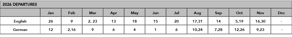 2026 DEPARTURES,,Jan,Feb,Mar,Apr,May,Jun,Jul,Aug,Sep,Oct,Nov,Dec,English,26,9,2, 23,13,18,15,20,17,31,14,5,19,16,30, ...