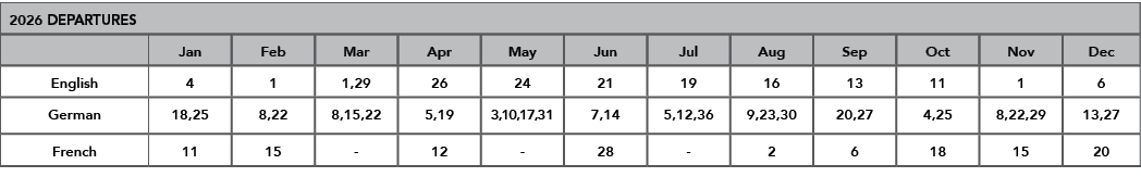 2026 DEPARTURES,,Jan,Feb,Mar,Apr,May,Jun,Jul,Aug,Sep,Oct,Nov,Dec,English,4,1,1,29,26,24,21,19,16,13,11,1,6,German,18,...