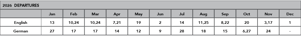 2026 DEPARTURES,,Jan,Feb,Mar,Apr,May,Jun,Jul,Aug,Sep,Oct,Nov,Dec,English,13,10,24,10,24,7,21,19,2,14,11,25,8,22,20,3,...