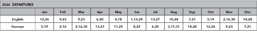 2026 DEPARTURES,,Jan,Feb,Mar,Apr,May,Jun,Jul,Aug,Sep,Oct,Nov,Dec,English,12,26,9,23,9,23,6,20,4,18,1,15,29,13,27,10,2...