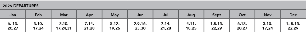 2026 DEPARTURES,Jan,Feb,Mar,Apr,May,Jun,Jul,Aug,Sept,Oct,Nov,Dec,6, 13, 20,27,3,10, 17,24,3,10, 17,24,31,7,14, 21,28,...