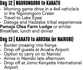 Day 12 | NGORONGORO to KARATU Morning game drive in a 4x4 vehicle/s in the Ngorongoro Crater Travel to Lake Eyasi Dat...