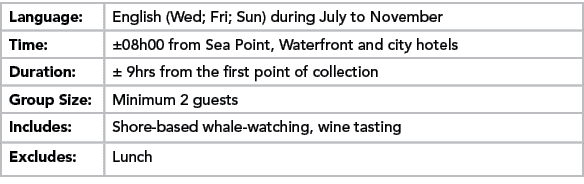 Language:,English (Wed; Fri; Sun) during July to November,Time:,±08h00 from Sea Point, Waterfront and city hotels,Dur...