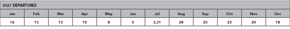 2027 DEPARTURES,Jan,Feb,Mar,Apr,May,Jun,Jul,Aug,Sep,Oct,Nov,Dec,16,13,13,10,8,5,3,31,28,25,23,20,18