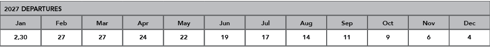 2027 DEPARTURES,Jan,Feb,Mar,Apr,May,Jun,Jul,Aug,Sep,Oct,Nov,Dec,2,30,27,27,24,22,19,17,14,11,9,6,4