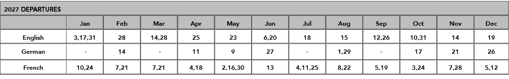 2027 DEPARTURES,,Jan,Feb,Mar,Apr,May,Jun,Jul,Aug,Sep,Oct,Nov,Dec,English,3,17,31,28,14,28,25,23,6,20,18,15,12,26,10,3...