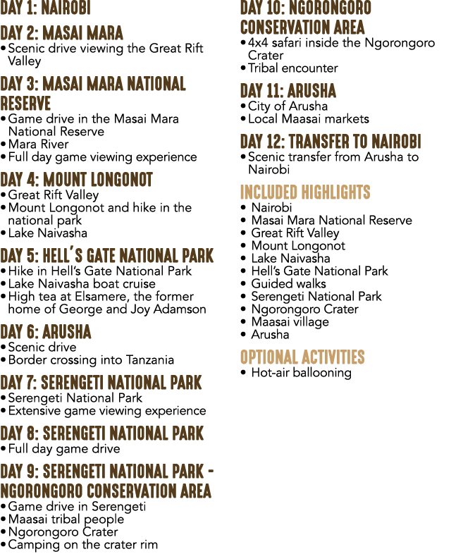 DAY 1: NAIROBI DAY 2: MASAI MARA • Scenic drive viewing the Great Rift Valley DAY 3: MASAI MARA NATIONAL RESERVE • Ga...