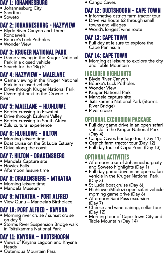 DAY 1: JOHANNESBURG • Johannesburg City • Sandton • Soweto DAY 2: JOHANNESBURG HAZYVIEW • Blyde River Canyon and Thre...