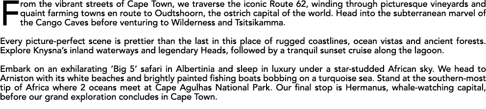From the vibrant streets of Cape Town, we traverse the iconic Route 62, winding through picturesque vineyards and qua...