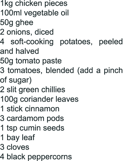 1kg chicken pieces 100ml vegetable oil 50g ghee 2 onions, diced 4 soft cooking potatoes, peeled and halved 50g tomato...