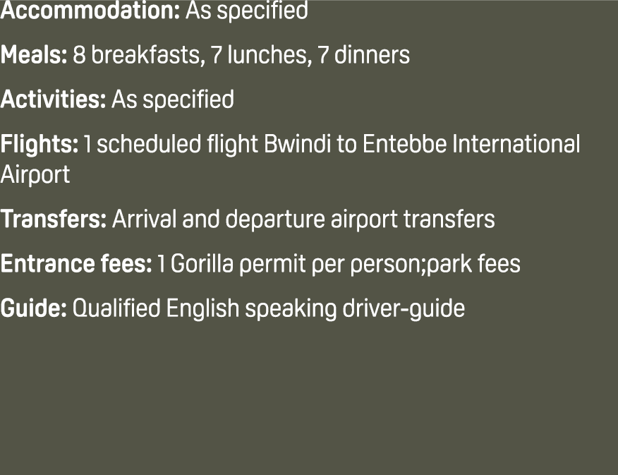 Accommodation: As specified Meals: 8 breakfasts, 7 lunches, 7 dinners Activities: As specified Flights: 1 scheduled f...