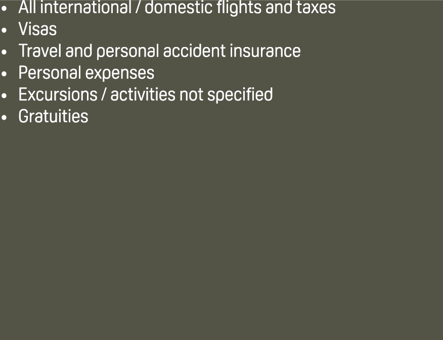 All international / domestic flights and taxes Visas Travel and personal accident insurance Personal expenses Excursi...