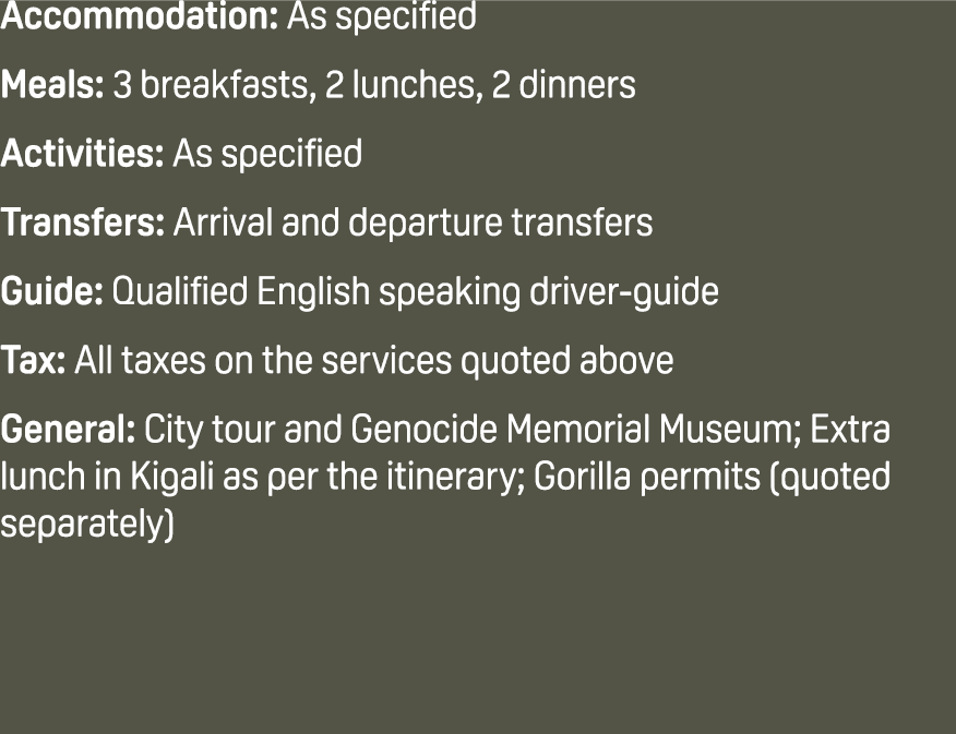 Accommodation: As specified Meals: 3 breakfasts, 2 lunches, 2 dinners Activities: As specified Transfers: Arrival and...
