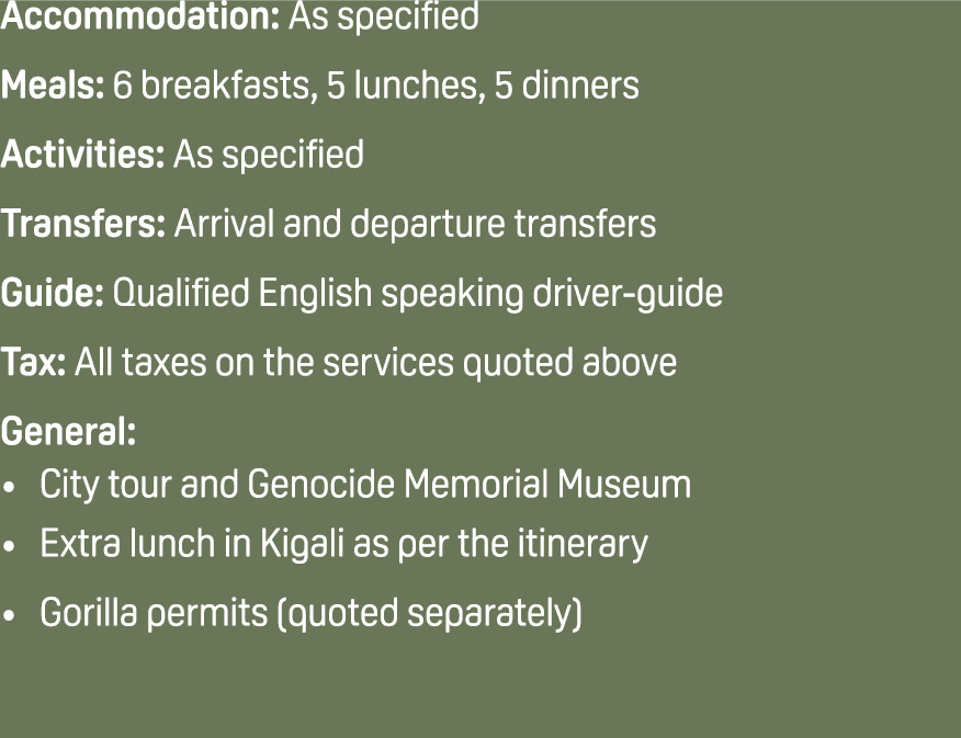 Accommodation: As specified Meals: 6 breakfasts, 5 lunches, 5 dinners Activities: As specified Transfers: Arrival and...