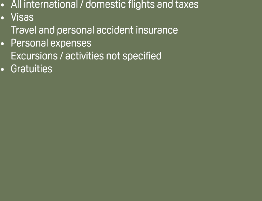 All international / domestic flights and taxes Visas Travel and personal accident insurance Personal expenses Excursi...