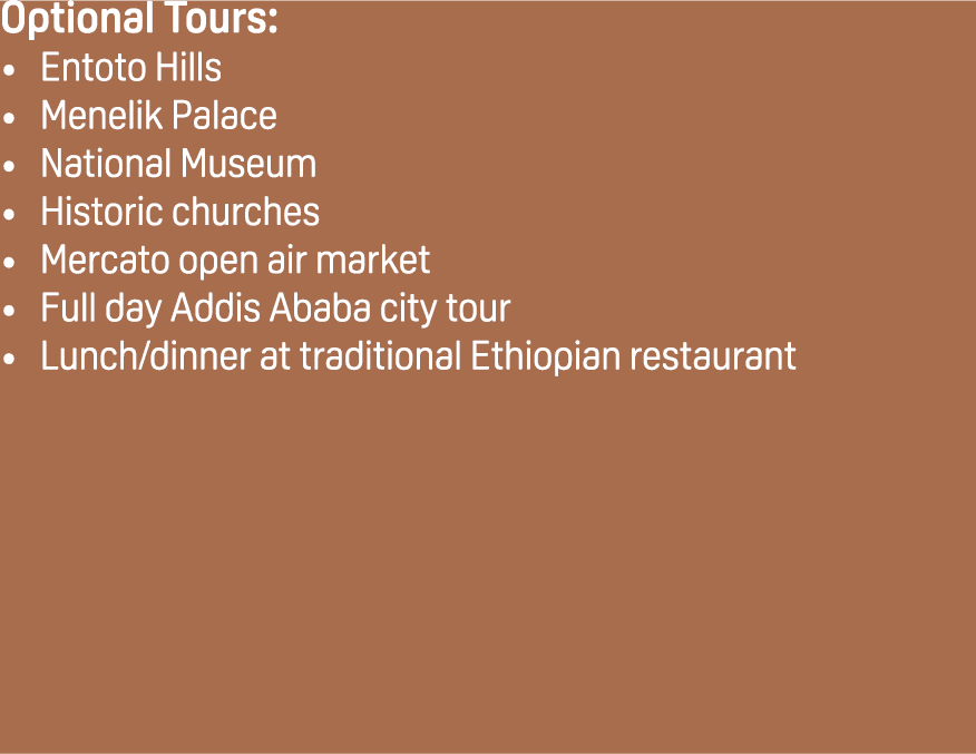Optional Tours: Entoto Hills Menelik Palace National Museum Historic churches Mercato open air market Full day Addis ...