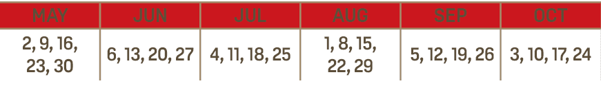MAY,JUN,JUL,AUG,SEP,OCT,2, 9, 16, 23, 30,6, 13, 20, 27,4, 11, 18, 25,1, 8, 15, 22, 29, 5, 12, 19, 26,3, 10, 17, 24