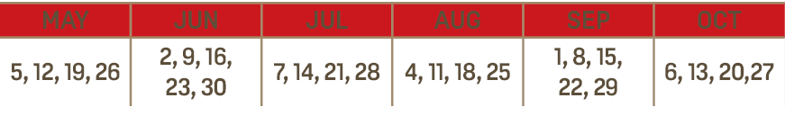 MAY,JUN,JUL,AUG,SEP,OCT,5, 12, 19, 26,2, 9, 16, 23, 30,7, 14, 21, 28,4, 11, 18, 25,1, 8, 15, 22, 29,6, 13, 20,27