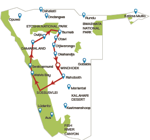 A map of a safari route with various destinations marked. AI generated content
