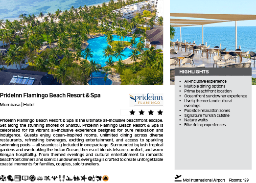 A brochure for a resort with a pool and beach. Description generated by AI