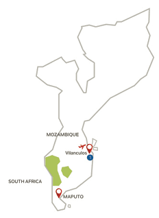 A map of South Africa with red dots marking the locations of Maputo and Vilanculos. AI generated content