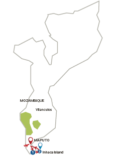 A map of Mozambique with a red dot on it. Description generated by AI