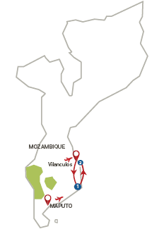 A map of Mozambique with red lines showing the routes. Description generated by AI