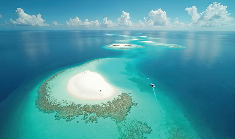A beautiful blue ocean with a white sandy island in the middle. Description generated by AI