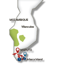 A map of Mozambique with a red dot on it. Description generated by AI