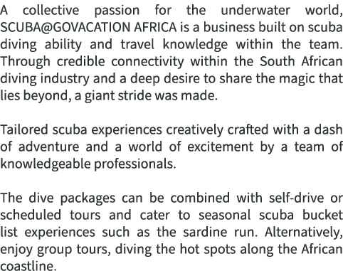 A collective passion for the underwater world, SCUBA@GOVACATION AFRICA is a business built on scuba diving ability an...