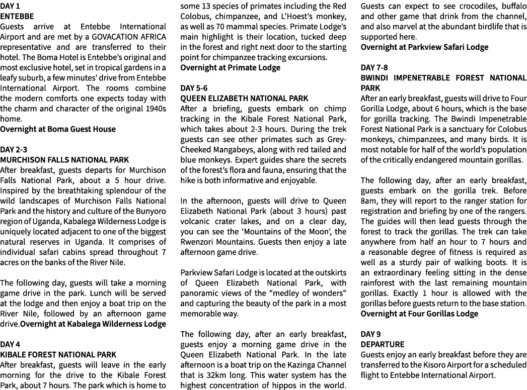 DAY 1 ENTEBBE Guests arrive at Entebbe International Airport and are met by a GOVACATION AFRICA representative and ar...