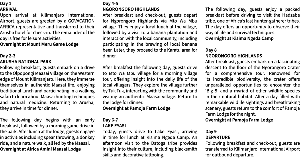 Day 1 ARRIVAL Upon arrival at Kilimanjaro International Airport, guests are greeted by a GOVACATION AFRICA representa...