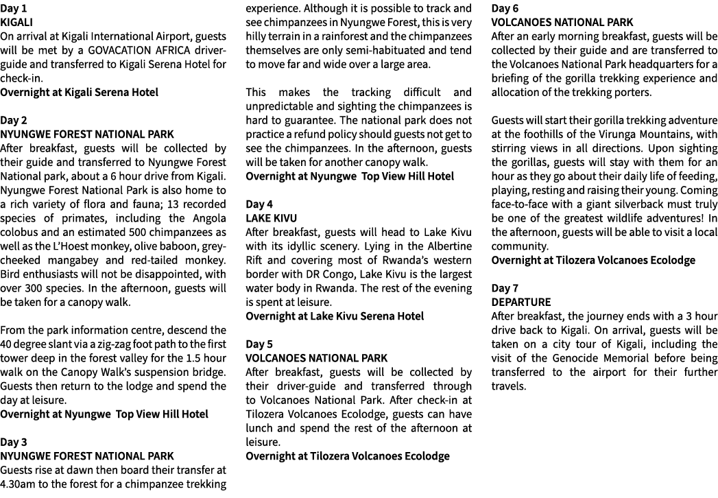 Day 1 KIGALI On arrival at Kigali International Airport, guests will be met by a GOVACATION AFRICA driver guide and t...