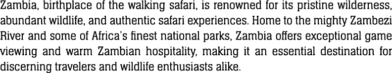 Zambia, birthplace of the walking safari, is renowned for its pristine wilderness, abundant wildlife, and authentic s...