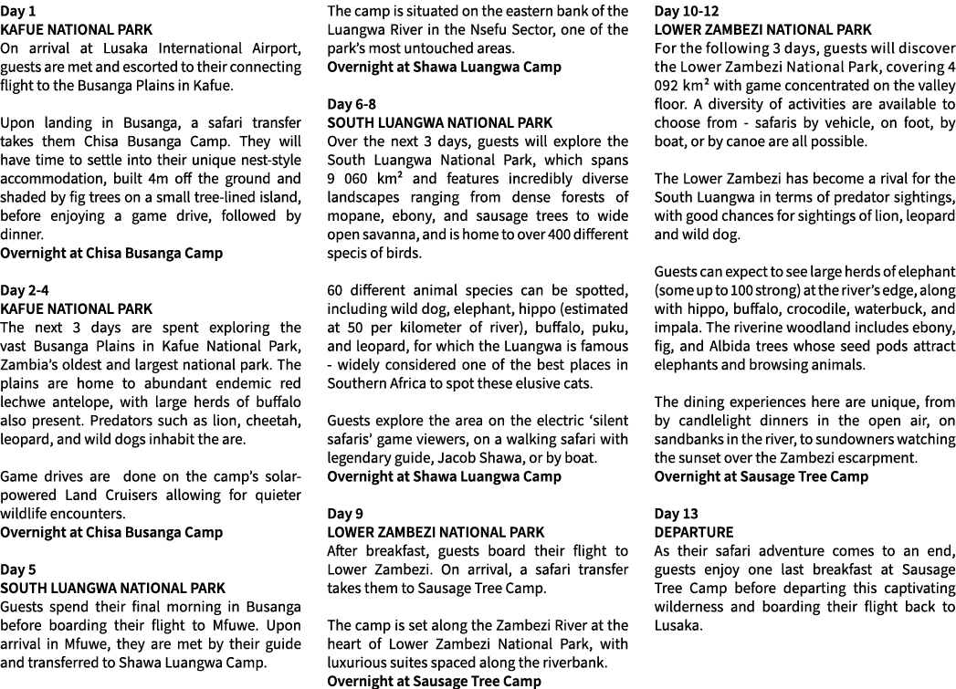 Day 1 KAFUE NATIONAL PARK On arrival at Lusaka International Airport, guests are met and escorted to their connecting...