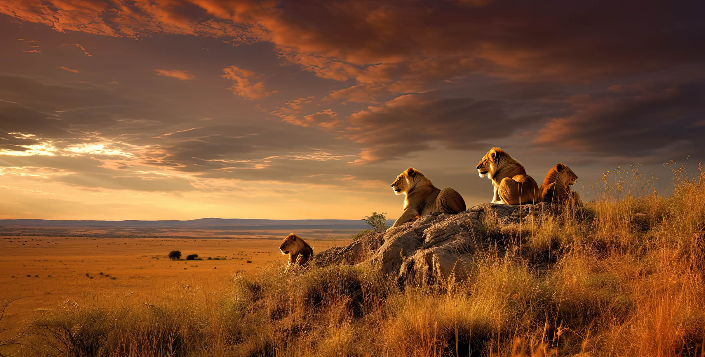 Wild lions in the African savannah at sunset. Generative AI