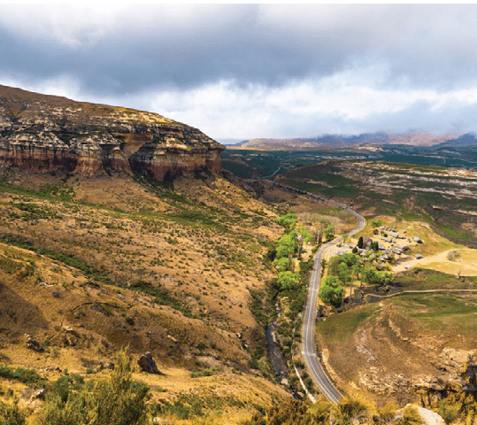 Valleys, canyons and rocky cliffs at the majestic Golden Gate Highlands National Park, dramatic landscape, travel destination in South Africa.