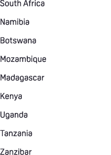 South Africa Namibia Botswana Mozambique Madagascar Kenya Uganda Tanzania Zanzibar