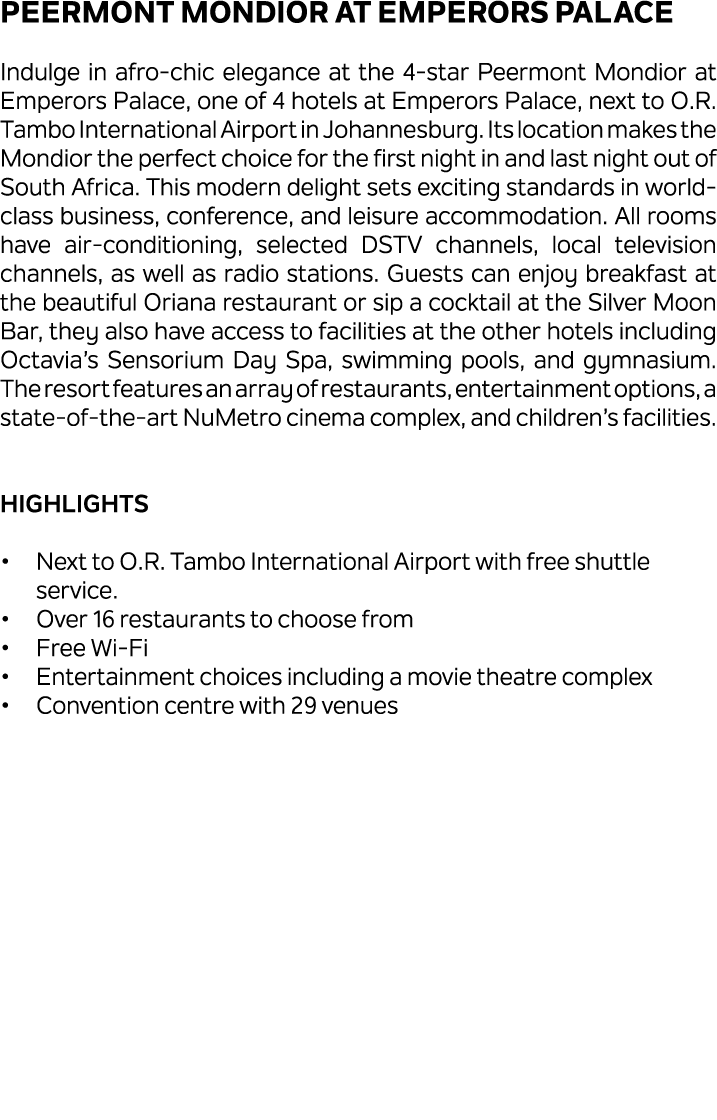 Peermont Mondior at Emperors Palace Indulge in afro chic elegance at the 4 star Peermont Mondior at Emperors Palace, ...