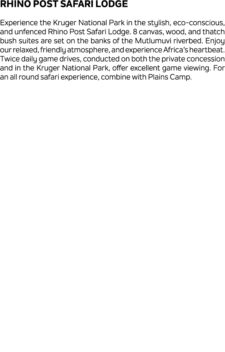 Rhino Post Safari Lodge Experience the Kruger National Park in the stylish, eco conscious, and unfenced Rhino Post Sa...