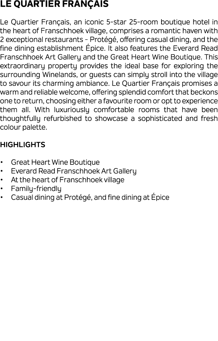 Le Quartier Fran ais Le Quartier Fran ais, an iconic 5 star 25 room boutique hotel in the heart of Franschhoek villag...