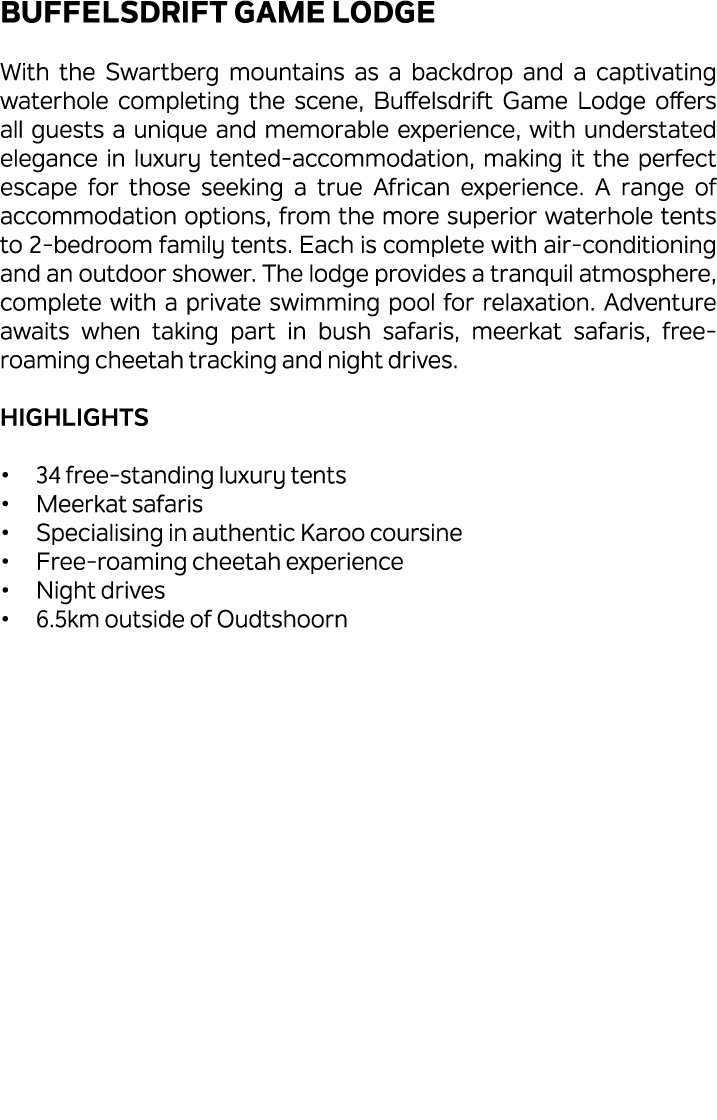 Buffelsdrift Game Lodge With the Swartberg mountains as a backdrop and a captivating waterhole completing the scene, ...