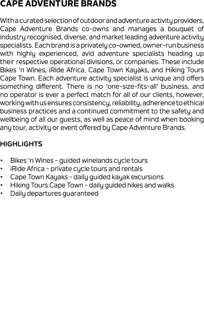 Cape Adventure Brands With a curated selection of outdoor and adventure activity providers, Cape Adventure Brands co ...