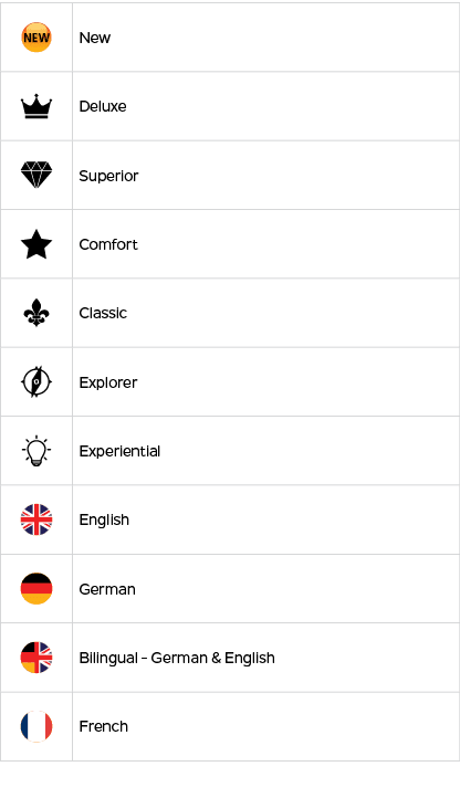 ￼,New,￼,Deluxe,￼,Superior,￼,Comfort,￼,Classic,￼,Explorer,￼,Experiential,￼,English,￼,German,￼,Bilingual German & Engli...