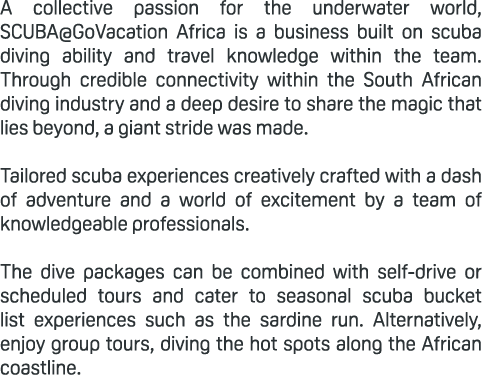 A collective passion for the underwater world, SCUBA@GoVacation Africa is a business built on scuba diving ability an...