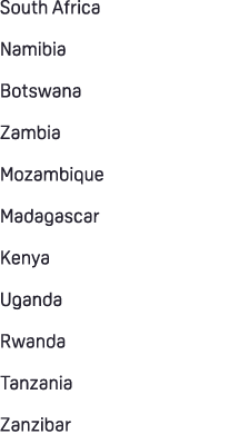 South Africa Namibia Botswana Zambia Mozambique Madagascar Kenya Uganda Rwanda Tanzania Zanzibar